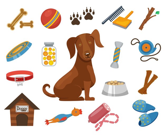 Iconos de perro mascota. Collar y cuenco para perro, perrera de perros de ilustración