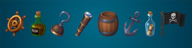 Vector gratuito iconos piratas con ancla de bandera negra y catalejo