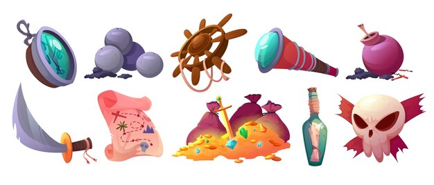 Iconos piratas con mapa, tesoro, calavera, espada y brújula. Conjunto de dibujos animados de vector de equipo de barco, timón de madera, bomba, balas de cañón, pila de monedas de oro, catalejo y botella con mensaje aislado en blanco