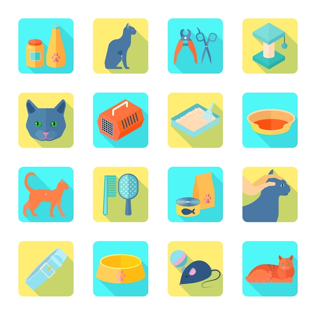 Vector gratuito los iconos planos de los accesorios interiores del cuidado del gato fijados con el veterinario sano aprobaron el ejemplo aislado sombra del vector del extracto de la comida