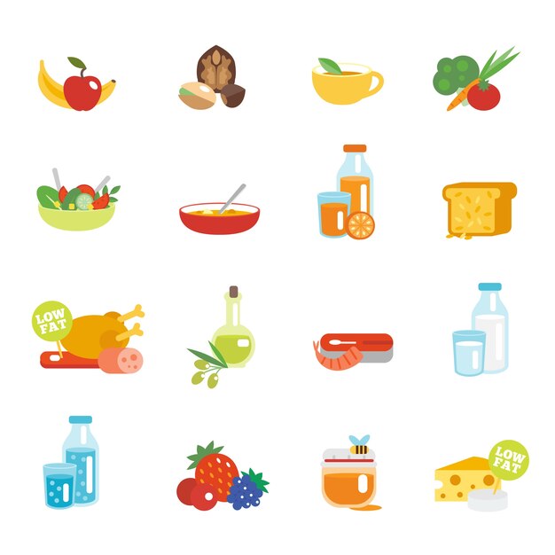Iconos planos de alimentación saludable
