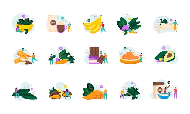 Iconos planos de alimentos de magnesio con productos saludables y personas diminutas aisladas en ilustraciones de vectores de fondo blanco