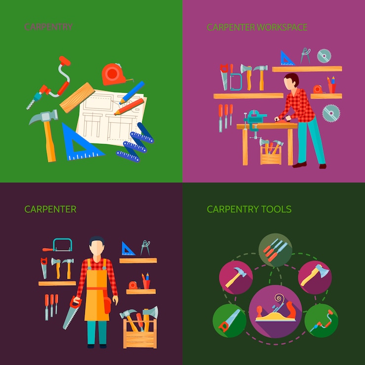 Vector gratuito los iconos planos de la carpintería trabaja el diseño de la composición con las herramientas carpintería carpintería productos aislados vec