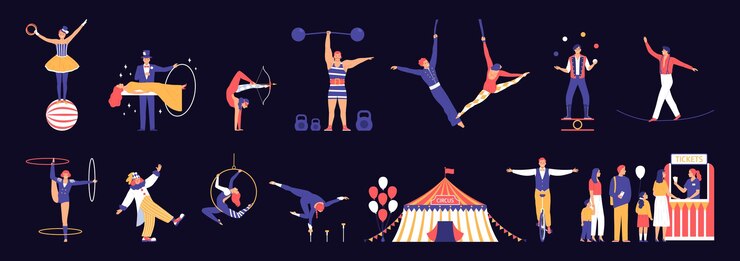 Vector gratuito iconos planos de circo con carpa y espectáculos de feria ilustración vectorial aislada
