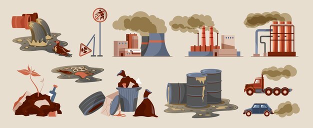Iconos planos con coches edificios industriales residuos tóxicos basura basura que causan contaminación del aire ilustración vectorial aislada