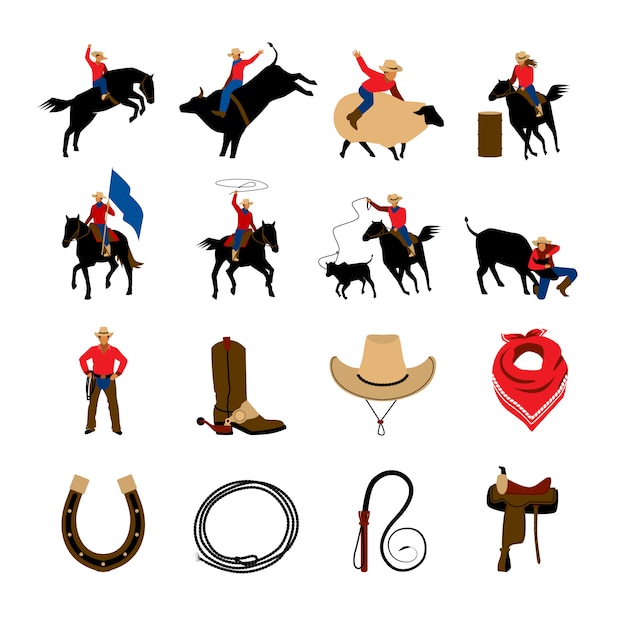 Vector gratuito iconos planos de color rodeo con vaqueros rodeo.