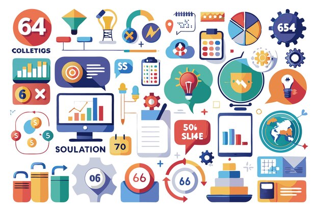 Iconos planos coloridos que representan conceptos de finanzas y tecnología empresarial