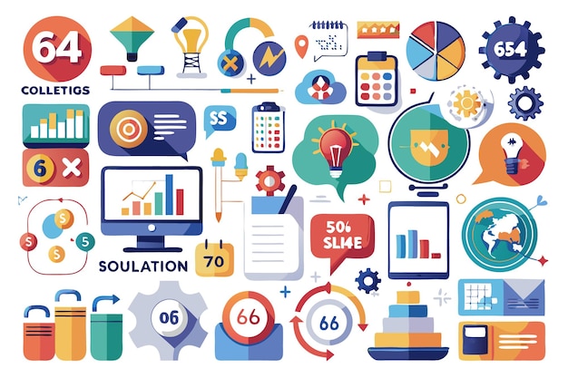 Iconos planos coloridos que representan conceptos de finanzas y tecnología empresarial