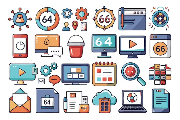 Iconos planos coloridos que representan varios conceptos digitales, incluida la tecnología de datos de productividad y el desarrollo web