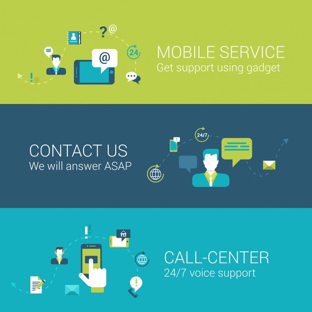 Los iconos planos del concepto de centro de llamadas de contacto de servicio de soporte móvil establecen ilustraciones
