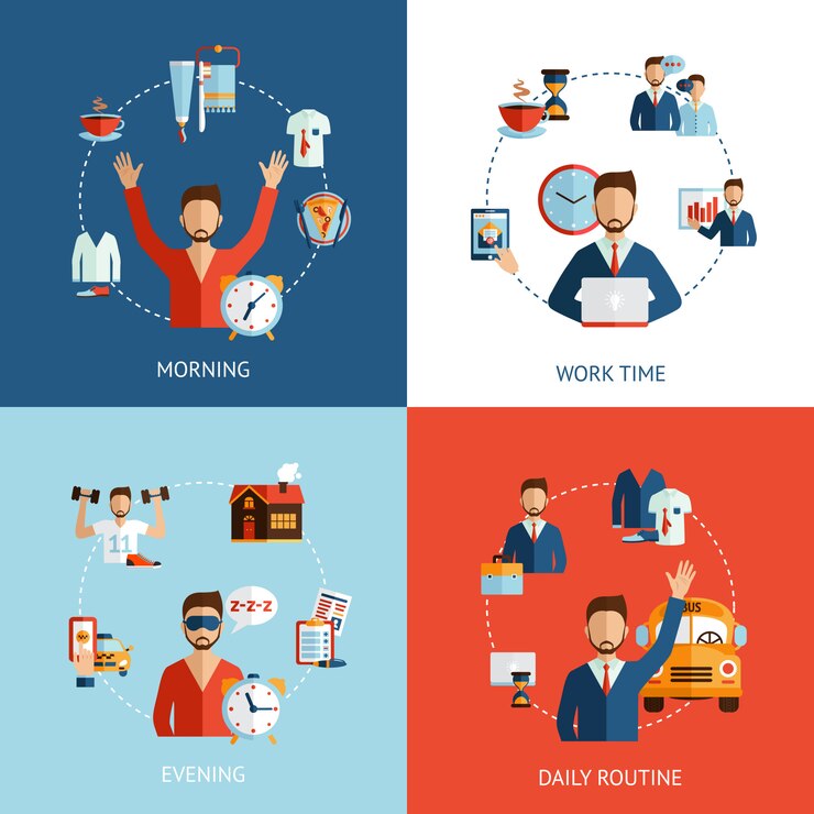 Vector gratuito iconos planos de concepto de rutina diaria de empresario