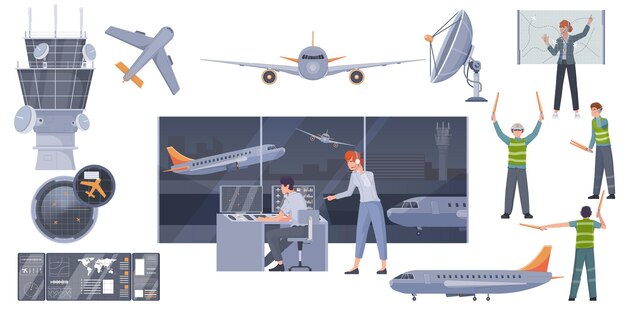 Iconos planos de control de tráfico aéreo establecidos con controladores y aviones aislados ilustración vectorial