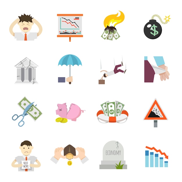 Iconos planos de crisis económica