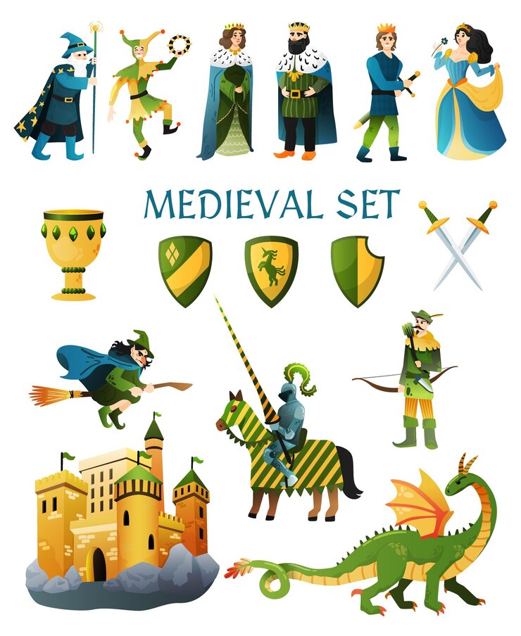 Vector gratuito iconos planos de cuento de hadas del reino medieval con castillo mago rey reina bufón bruja jinete ilustración vectorial