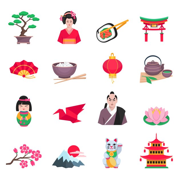 Iconos planos de la cultura japonesa