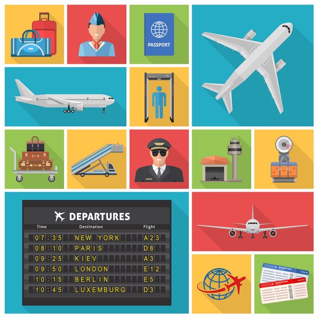 Iconos planos decorativos del aeropuerto con aviones, horarios de salidas, boletos de piloto, equipaje