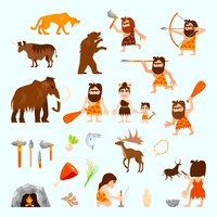 Vector gratuito iconos planos de la edad de piedra con herramientas de animales de las cavernas