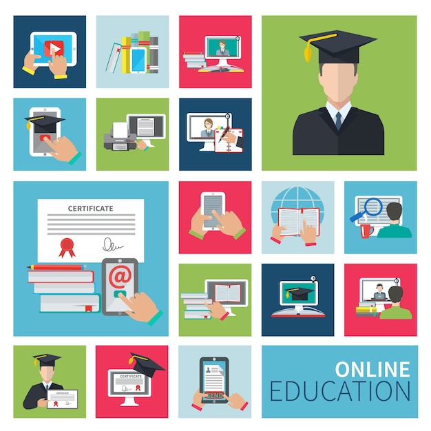 Iconos planos de educación en línea