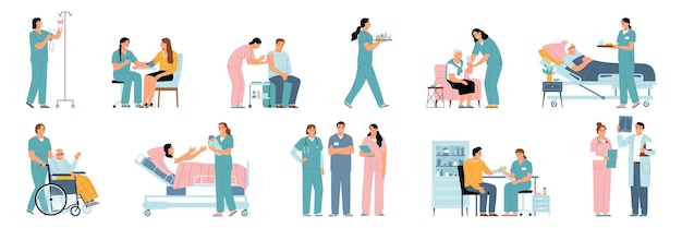 Iconos planos de enfermera establecidos con escenas de servicio profesional médico ilustraciones vectoriales aisladas