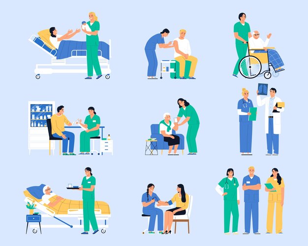 Iconos planos de enfermera establecidos con profesionales médicos durante los procedimientos de atención médica ilustraciones vectoriales aisladas