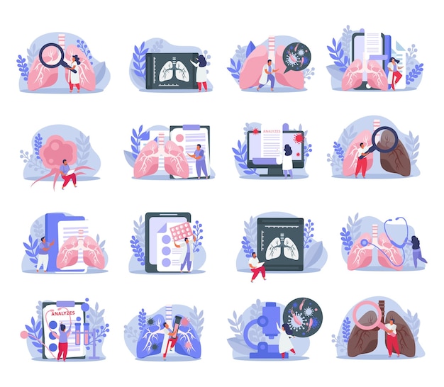 Vector gratuito iconos planos con equipo médico para inspección pulmonar y médicos aislados ilustración vectorial