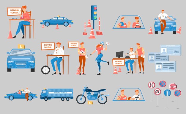 Iconos planos de la escuela de conducción con licencia de señales de seguridad vial de vehículos y personajes humanos aislados en la ilustración de vector de fondo gris