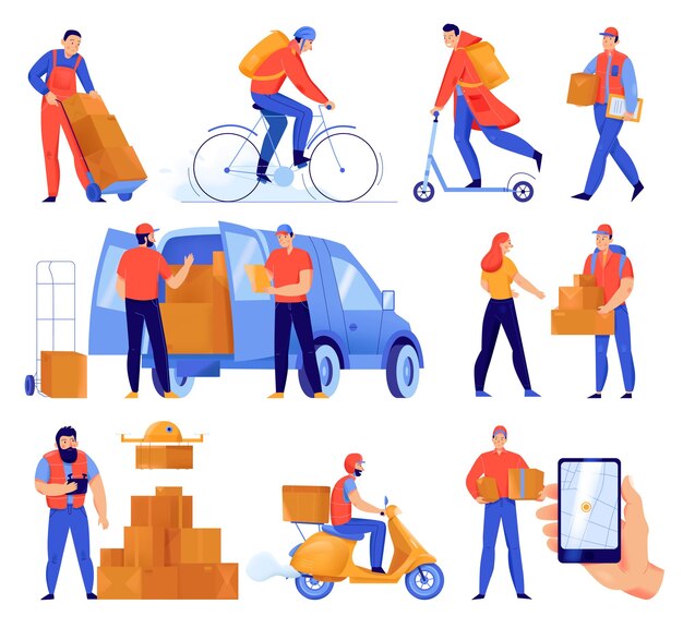 Iconos planos establecidos con hombres de servicio de entrega entregando paquetes en coche scooter bicicleta drone aislado vector ilustración