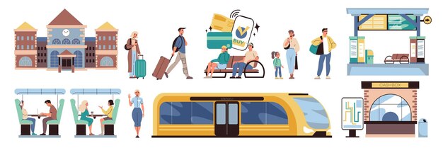 Iconos planos de la estación de tren con pasajeros y vagones de tren ilustración vectorial aislada