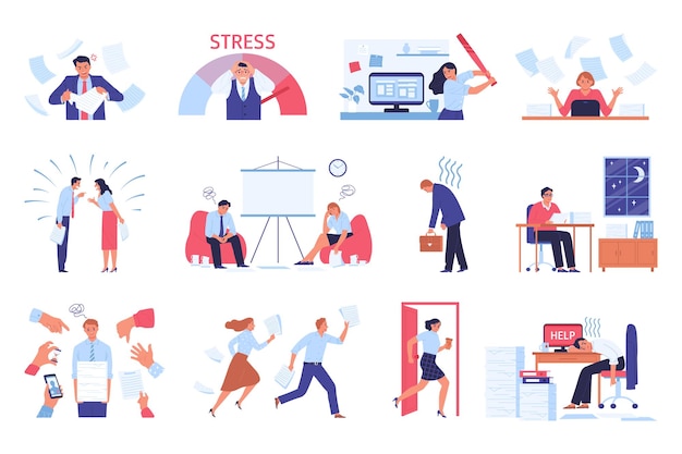 Iconos planos de estrés empresarial establecidos con cansancio de documentos y escenas quemadas profesionales ilustración vectorial aislada