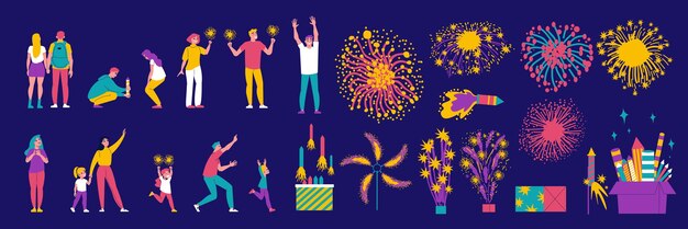 Vector gratuito iconos planos de fuegos artificiales con gente alegre y coloridas explosiones de fuego ilustraciones vectoriales aisladas