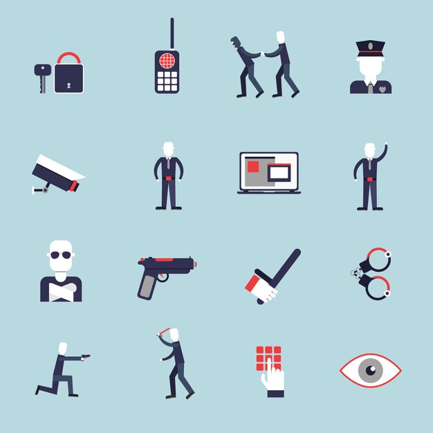 Los iconos planos del guardia de seguridad fijados con la cámara de vigilancia esposan el ejemplo aislado del vector del guardia