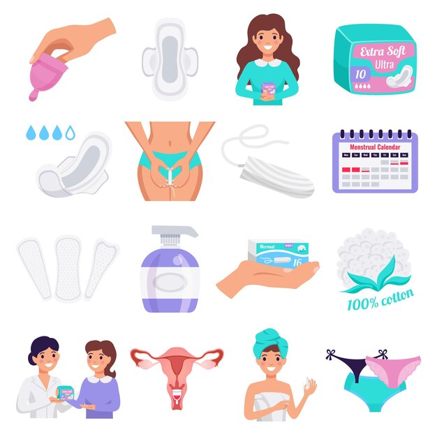 Iconos planos de higiene femenina con tampones copas menstruales almohadillas de tela natural revestimientos de bragas aislados