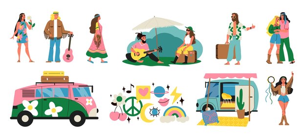 Iconos planos hippie con personas bohemias y símbolos de subcultura ilustraciones vectoriales aisladas