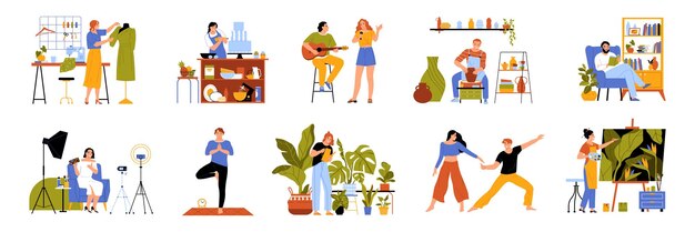 Iconos planos de hobby establecidos con personas durante ocupaciones de tiempo libre ilustraciones vectoriales aisladas