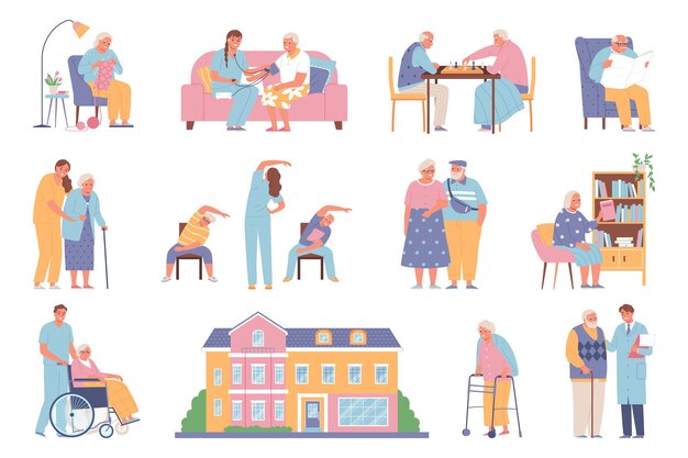 Iconos planos de hogares de ancianos establecidos con pensionistas y personal de ayuda aislado ilustración vectorial