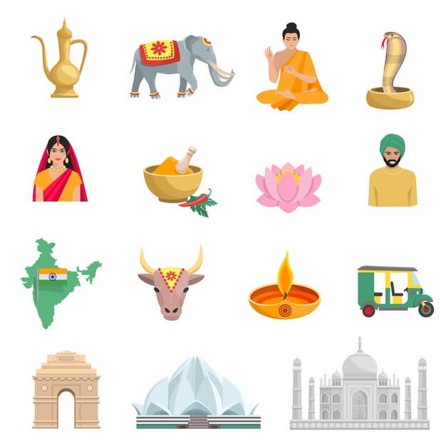Los iconos planos de la India con símbolos de la cultura y la religión aislados ilustración vectorial