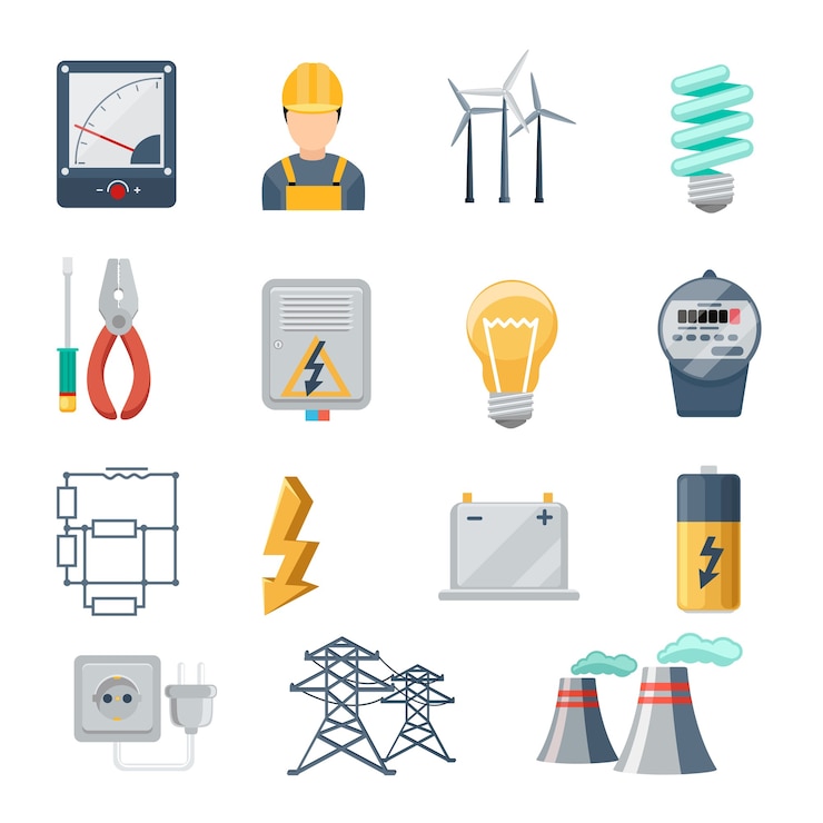Vector gratuito iconos planos de la industria de la electricidad y la energía. transformador y enchufe, enchufe y capacidad, símbolo de energía,