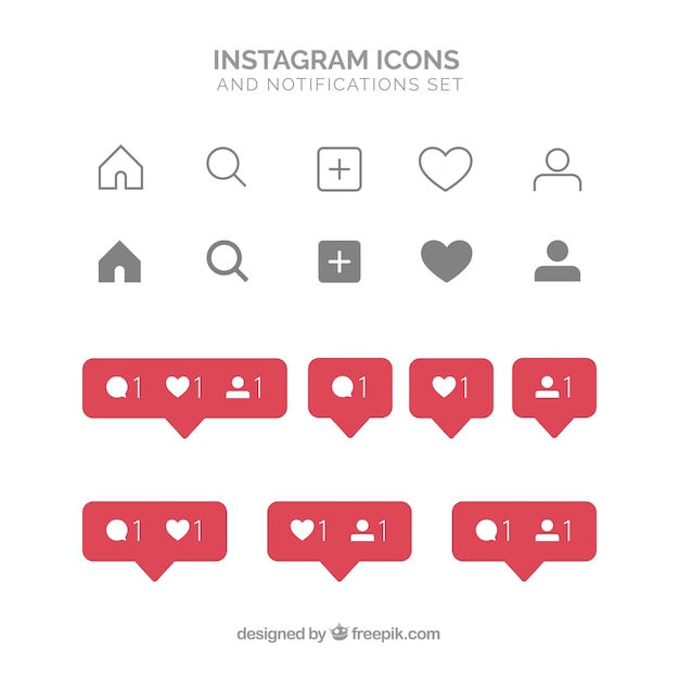 Iconos planos de Instagram y conjunto de notificaciones