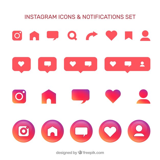 Iconos planos de Instagram y conjunto de notificaciones
