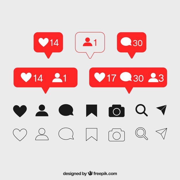 Iconos planos de Instagram y conjunto de notificaciones