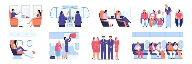 Iconos planos interiores del avión con tripulación de cabina y pasajeros ilustraciones vectoriales aisladas