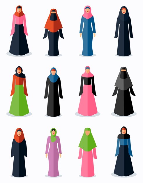 Iconos planos de mujer musulmana. Cultura tradicional femenina, religión árabe del islam, ilustración vectorial