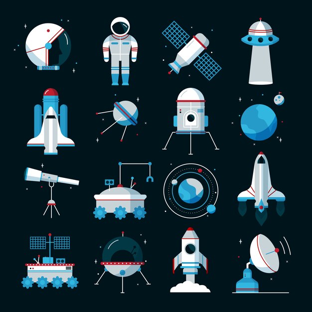 Iconos planos de naves espaciales con traje espacial y equipo cosmonauta.