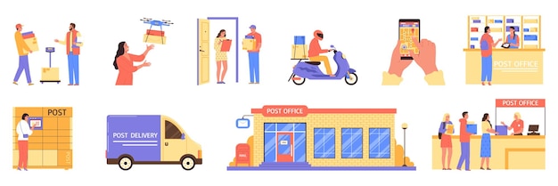 Iconos planos de oficina de correos y entrega establecidos con escenas de sistemas de correo moderno ilustraciones vectoriales aisladas