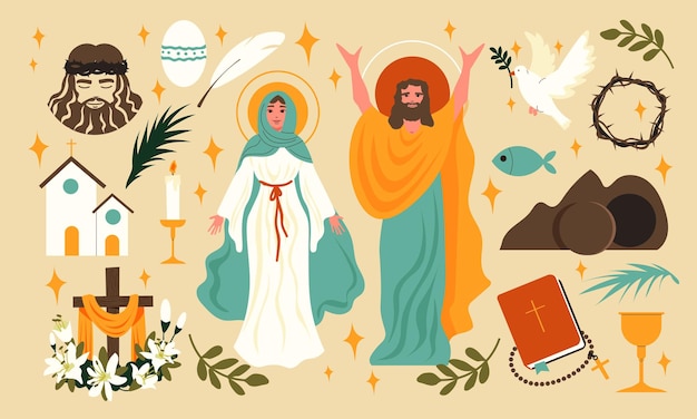 Iconos planos de Pascua con personajes bíblicos y símbolos sagrados ilustraciones vectoriales aisladas