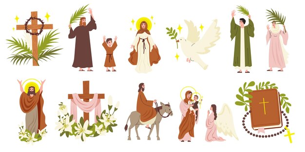 Iconos planos de Pascua con personajes de Jesucristo y la Virgen María ilustraciones vectoriales aisladas