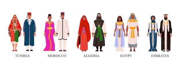 Iconos planos con personajes vestidos con trajes nacionales africanos masculinos y femeninos aislados ilustración