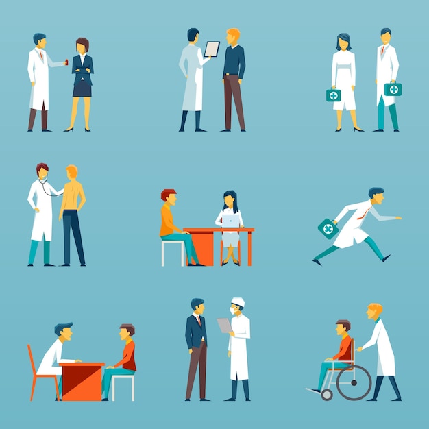 Iconos planos de personal médico. conjunto de cuidado de la salud. ilustración de médico, enfermera y personas.