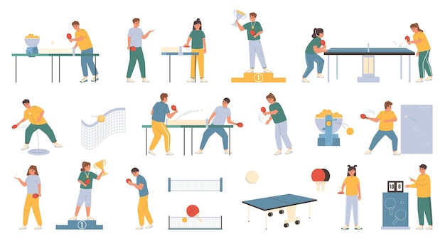 Iconos planos de ping pong con gente jugando al tenis de mesa ilustración vectorial aislada