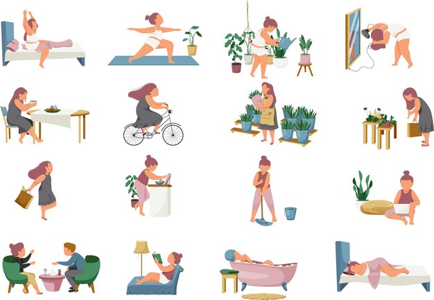 Iconos planos de rutina diaria de mujer con personajes aislados de estilo garabato de niña en varias situaciones de vida ilustración vectorial